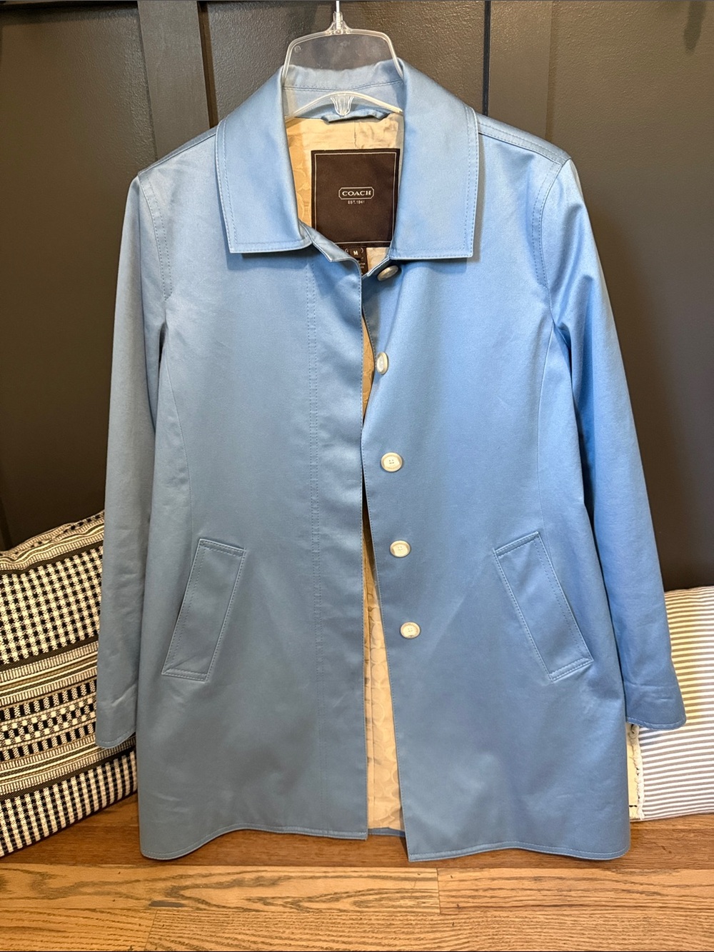 Coach Light Blue Single-Breasted Trench Coat